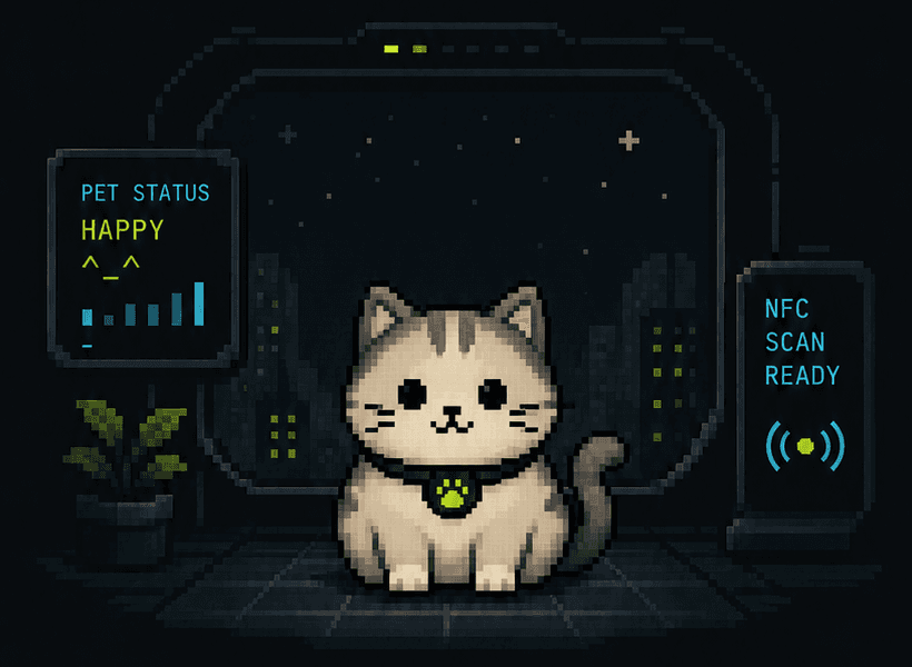 一只胖胖的像素猫 NudgePaw，正在数码终端里等待连接